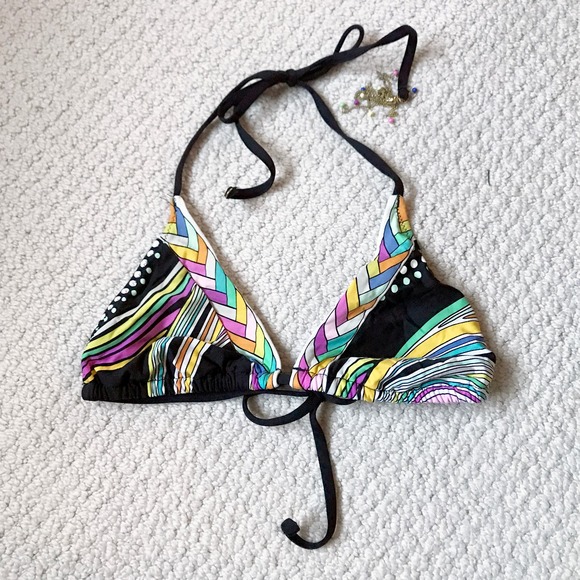 Trina Turk Black Retro Print Triangle Bikini Top Size XS 2 4 Tassel - Picture 1 of 5